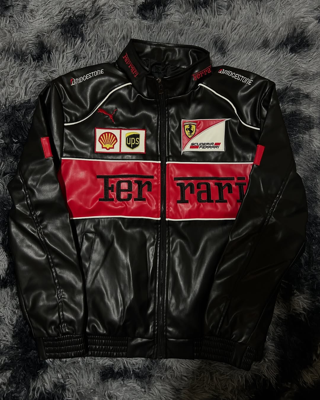 Front View of Black Ferrari F1 Leather Racing Jacket