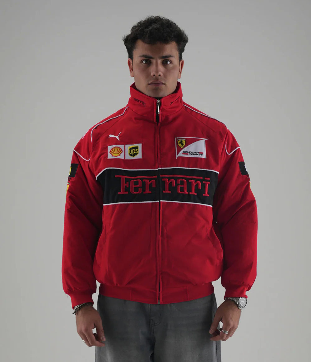 Front view of Ferrari F1 Vintage Racing Jacket – Red Edition with embroidered Scuderia patches