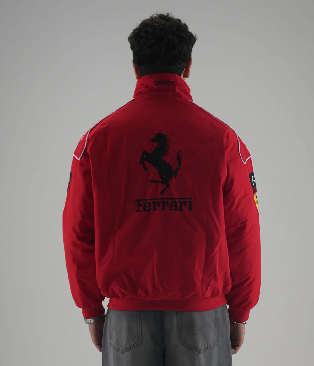 Back view of Red Ferrari F1 Jacket showing vintage racing embroidery and sponsor logos