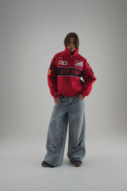 Close-up of detailed embroidery on Ferrari F1 Vintage Racing Jacket – Red Edition