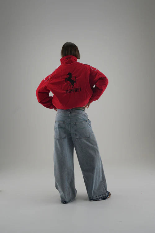 Streetwear styling of Ferrari F1 Vintage Racing Jacket – Red Embroidered Edition