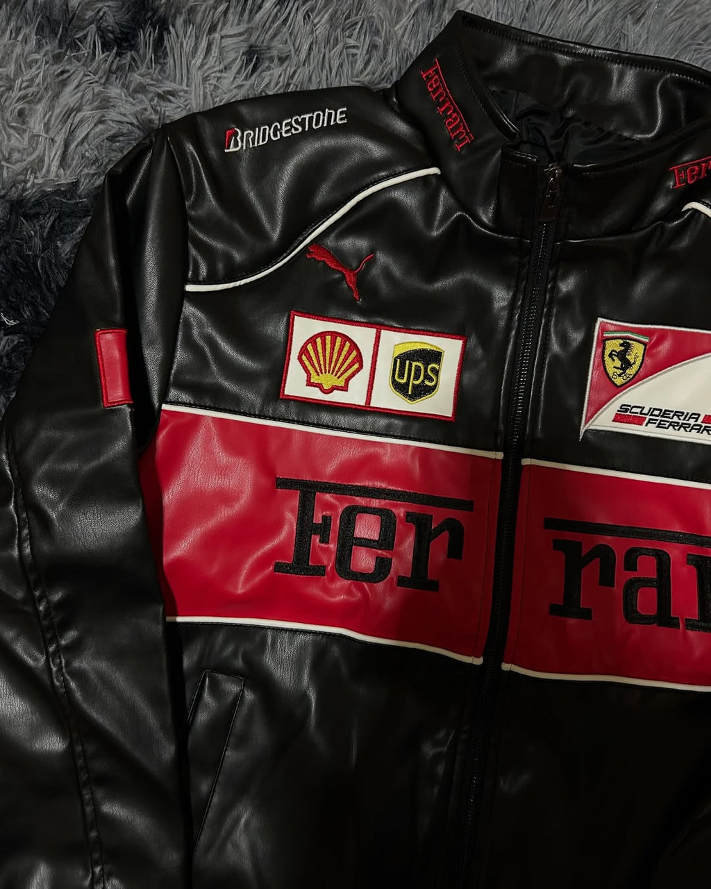 Bridgestone and Ferrari Logos on Leather F1 Jacket Sleeve