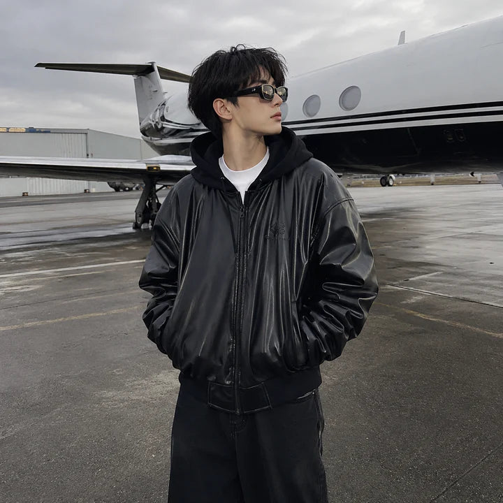 Unisex Premium Hooded Leather-Look Bomber Jacket