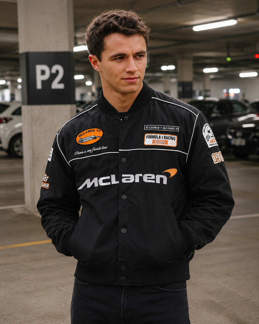 Close up details of McLaren F1 Racing Jacket premium embroidery