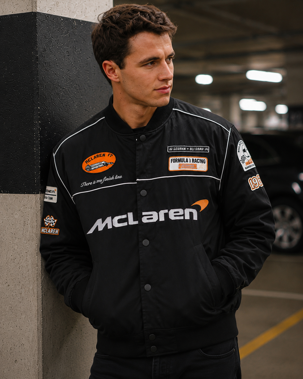 Male model wearing black McLaren Racing Bomber Jacket in parking garage