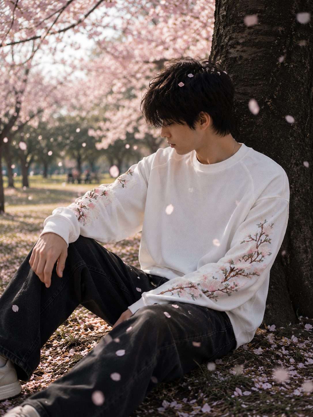 Back view of Sakura Drift Waffle Tee with oversized fit and premium textured waffle knit construction.