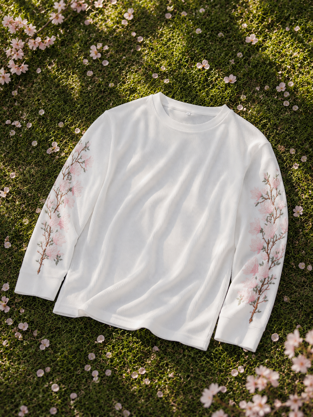 Lifestyle image of Sakura Drift Waffle Tee surrounded by cherry blossom trees highlighting spring-inspired design.