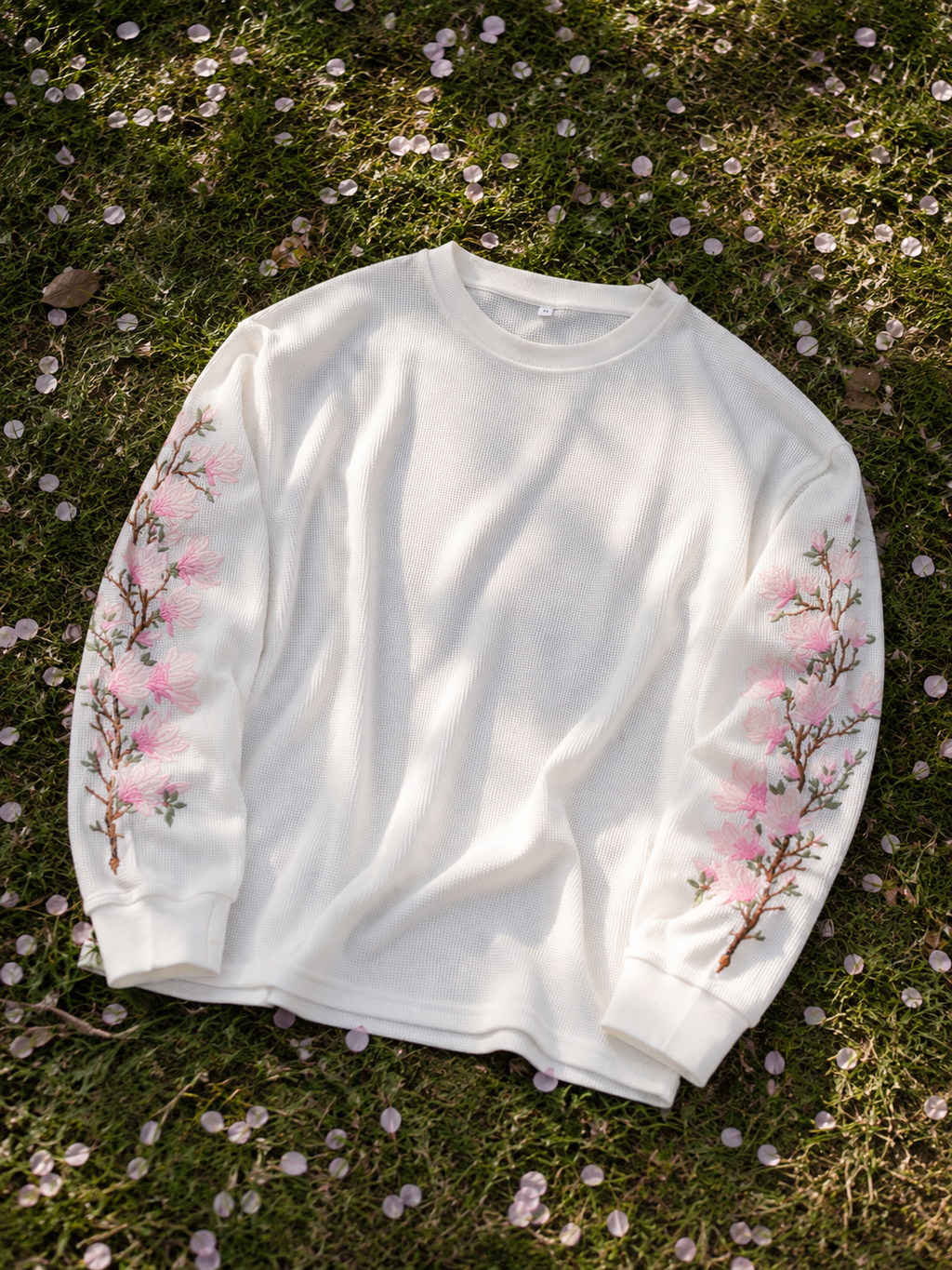 Front view of Sakura Drift Waffle Tee featuring premium waffle fabric and intricate cherry blossom embroidery on both sleeves.