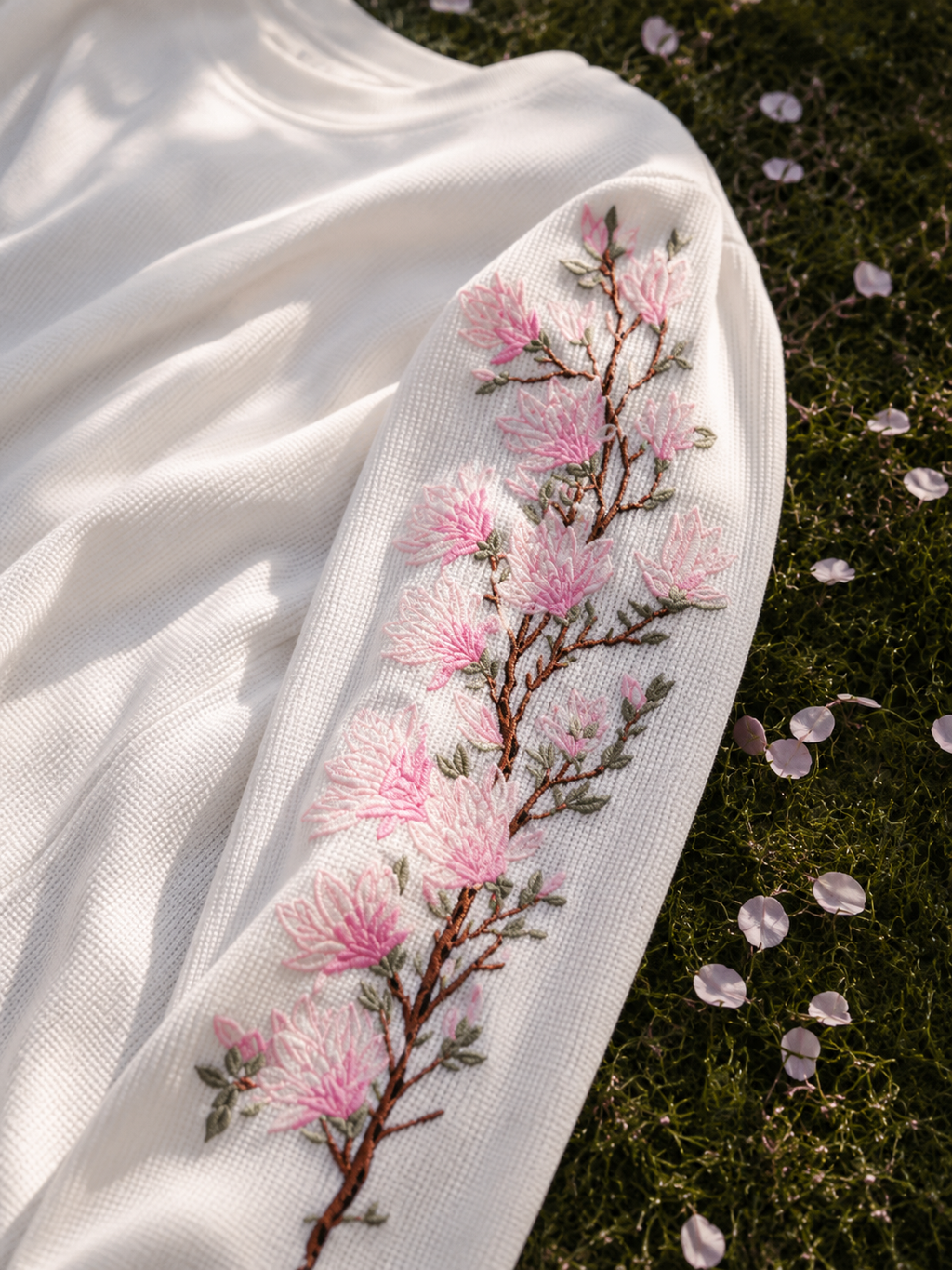 Close-up of Sakura blossom embroidery detailing on the sleeve of the Sakura Drift Waffle Tee.