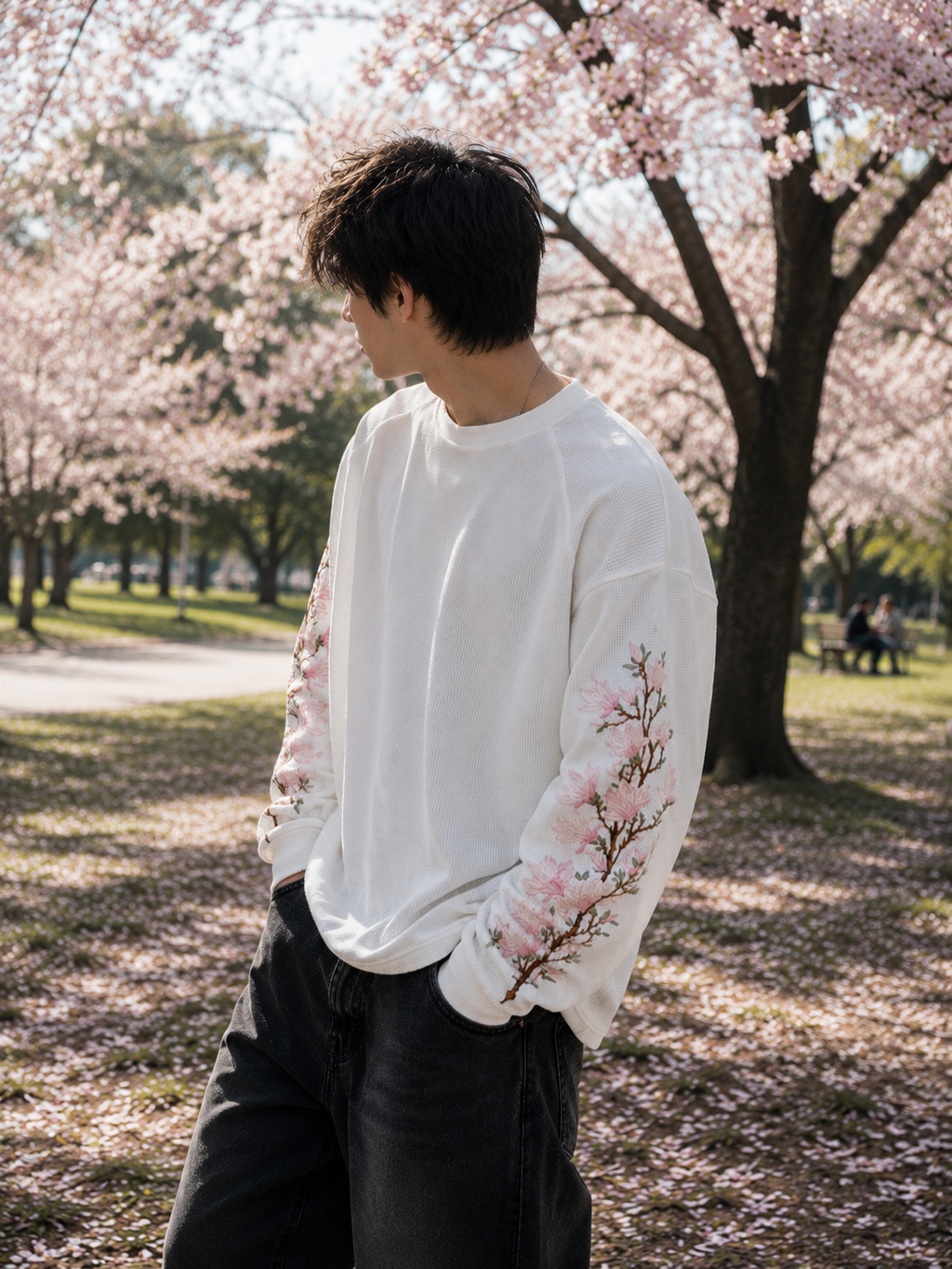 Detailed close-up of premium 240 GSM waffle knit cotton fabric used in the Sakura Drift Waffle Tee.