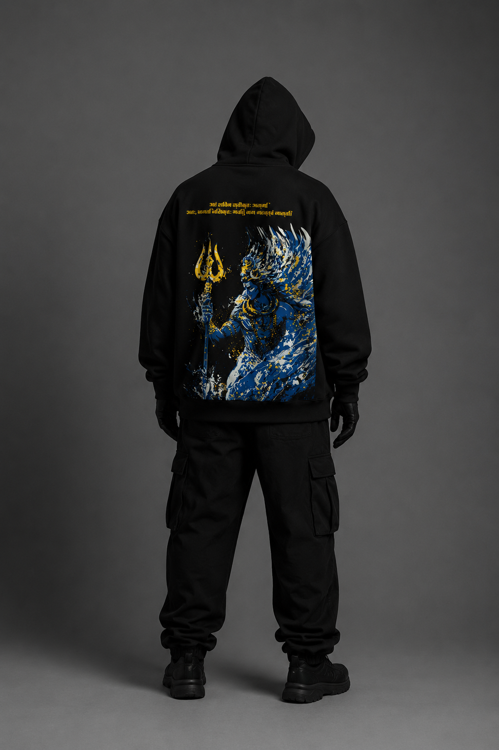 Macro close-up of high-density puff print Lord Shiva artwork on the back of SHIVA // ORIGIN hoodie.