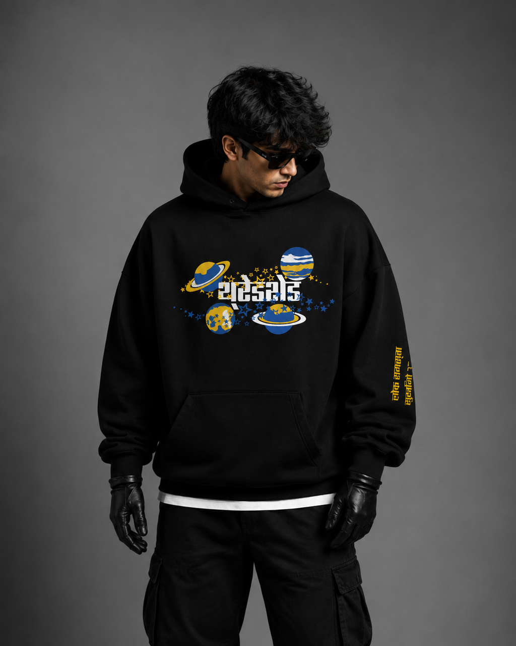 Back view of SHIVA // ORIGIN oversized hoodie with large Lord Shiva puff print artwork.