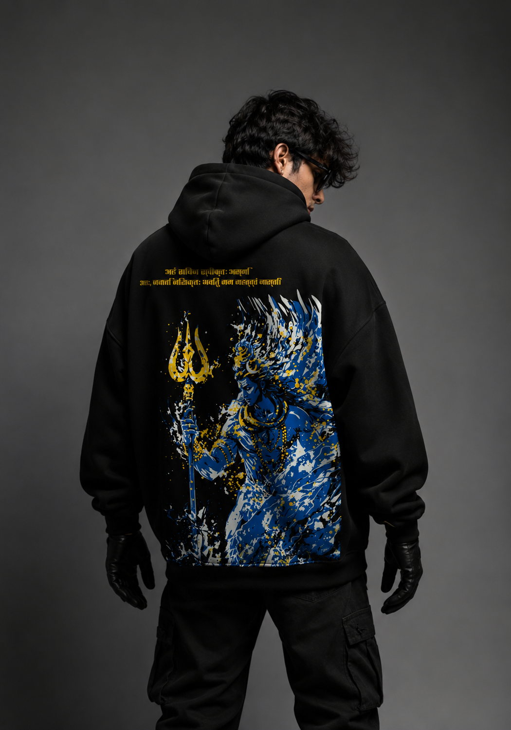 Back view of SHIVA // ORIGIN oversized hoodie with large Lord Shiva puff print artwork.