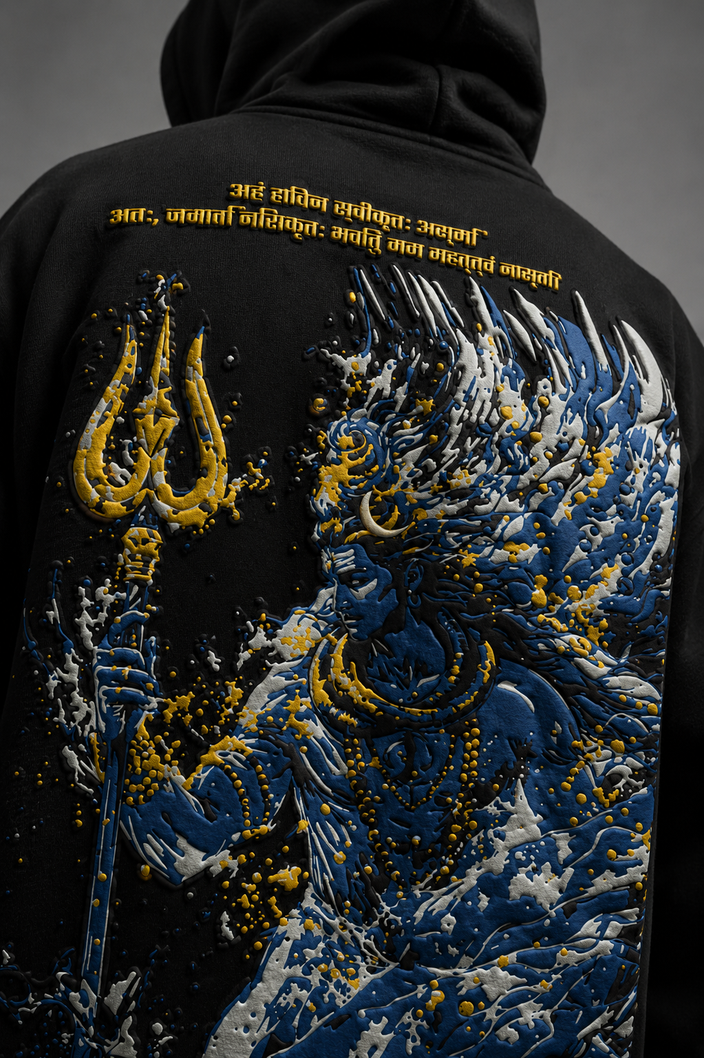 Close-up of premium puff print graphic on SHIVA // ORIGIN oversized hoodie